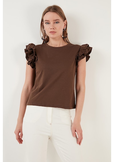 Lela Pamuklu Kolları Fırfırlı Slim Fit Bisiklet Yaka Bayan T Shirt 5864500 Kahve