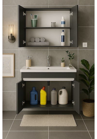 Arista 80 Cm Antrasit Mdf, Seramik Lavabolu, Alt Ve Üst Dolap Antrasit