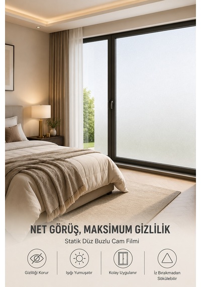 Deconitte Statik Düz Beyaz Buzlu Cam Filmi 60x100 Cm Yapışkansız Mahremiyet Sağlayan Dekoratif Cam Kaplama, Kumlama