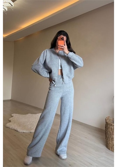 Neşeli Butik Kadın Fermuarlı Oversize Sweat Ve Yüksek Bel Eşofman Takımı Nm018 Gri Melanj
