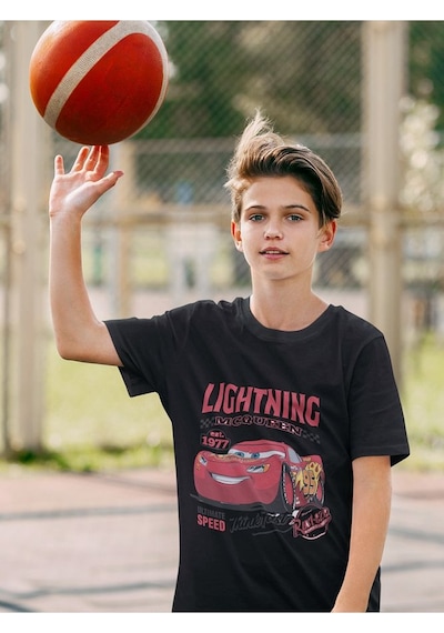 Sevbano Unisex Lightning Mcqueen Baskılı Arabalar Şimşek Çizgi Film Çocuk Siyah