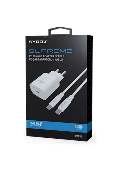 Syrox Pd25t Type-c Başlık Giriş Type-c Kablolu 25w 3.0 Amper Pd Ev Şarj Aleti Seti
