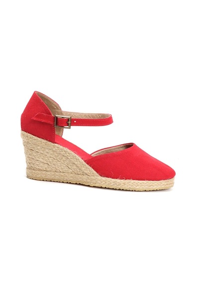 Star Tombis Gerçek Elişi Bilekten Bantlı Topuğu Açık Keten Espadril Dolgu Topuk Handmade Kırmızı
