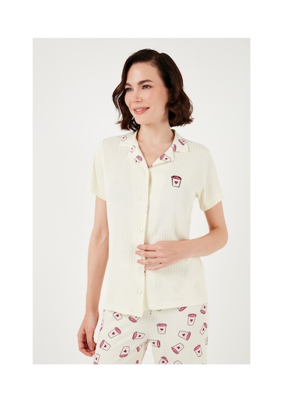 Lela Regular Fit Gömlek Yaka Kısa Kollu Bayan Pijama Takımı 65740102 Bej-Pembe