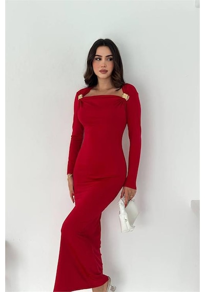 Neşeli Butik Kadın Drapeli Kayık Yaka Gold Aksesuarlı Elbise Nbk4386 Kırmızı