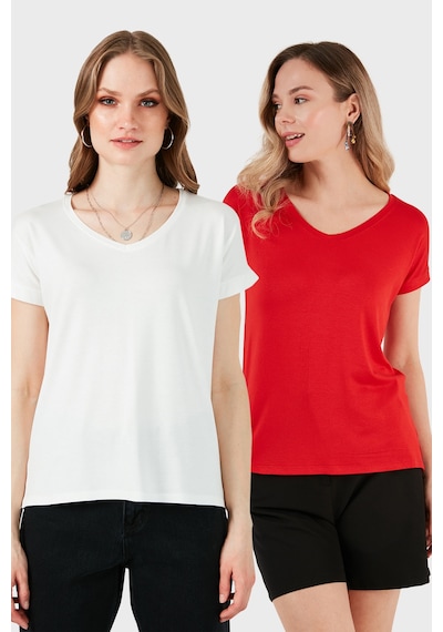 Lela V Yaka Relaxed Fit Yırtmaç Detaylı 2'Li Paket Bayan Bluz 5862000S2 Ekru-Kırmızı