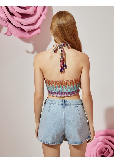 Koton Boyundan Bağlamalı Crop Atlet Pembe Desenli 2sak10097pk Pembe