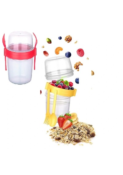 Çift Hazneli - Çatal Kaşıklı Portatif Müsli -atıştırmalık Kabı 650 Ml Crchmgo Çok Renkli
