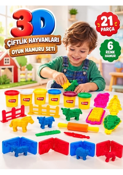 3d Çiftlik Hayvanları Hamuru 21 Parça 6 Renkli Hayvan Kalıplı Ve Aksesuarlı Oyuncak Hamuru Seti Çok Renkli