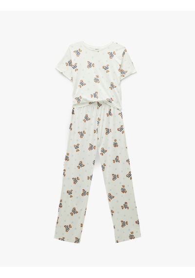 Koton Rahat Kalıp Kısa Kollu Bisiklet Yaka Ayıcık Baskılı Pijama Takımı Beyaz Desenli 6wlk40256mk Koton Rahat Kalıp Kısa Kollu Bisiklet Yaka Ayıcık Baskılı Pijama Takımı Beyaz Desenli 6wlk40256mk