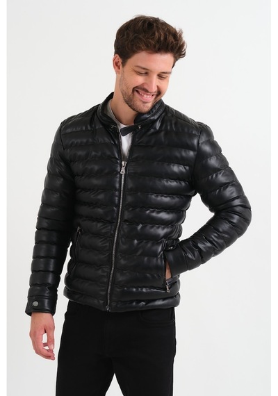Oliggopol Erkek Siyah Slim Fit İçi Kürklü İç Cepli Şişme Deri Mont Siyah