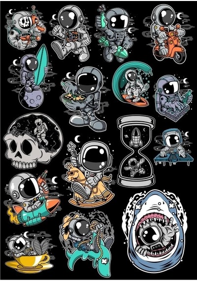 Astronot Sticker Set 12 16 Parça Telefon, Tablet, Defter, Laptop Sticker