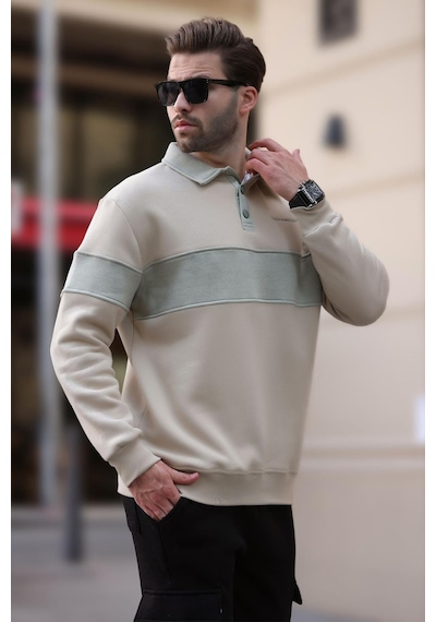 Madmext Bej Polo Yaka Renk Bloklu Erkek Sweatshirt 7072 Bej