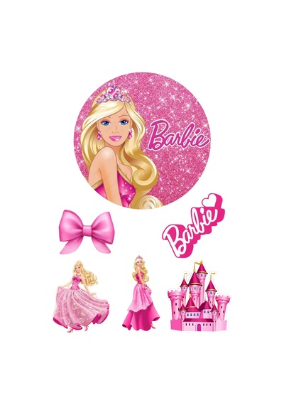Yenilebilir Yuvarlak Pasta Ve Figür Resim Baskısı Şekerli Kağıt Barbie Temalı 02
