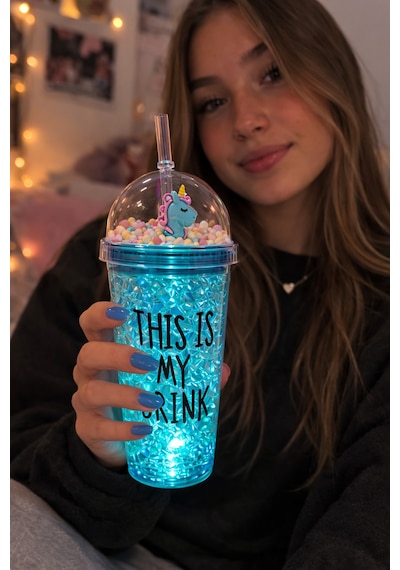 Sevimli Renkli Çılgın 450ml Led Işıklı This İs My Drink Temalı Pipetli İçecek Bardağı Suluk 2642mavi Mavi