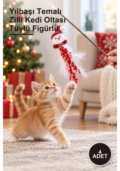 4 Adet Yılbaşı Temalı Zilli Kedi Oltası Tüylü Figürlü
