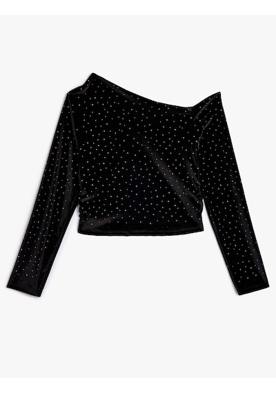 Koton Kadife Bluz Taş Detaylı Asimetrik Yaka Omzu Açık Slim Fit Siyah 5wal60005ık Siyah