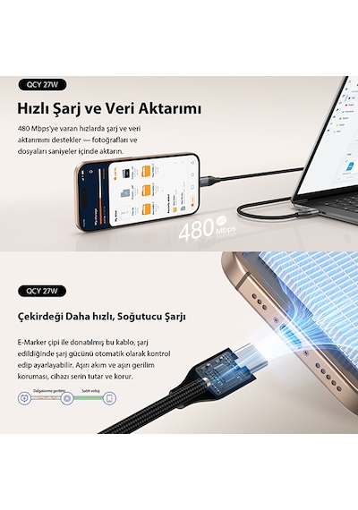 27w Type-c To Lightning Şarj Kablosu 1.2 Metre Halat Örgü 480mbps Kırılmaz Data Kablosu Dc23 Siyah