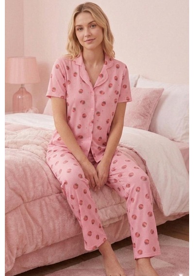 Çilek Desenli Düğmeli Kısa Kollu Pijama Takımı 4588 Pembe