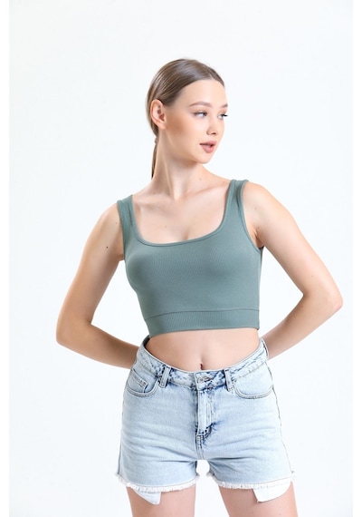 Thiff Gymwear Yeşil Fitilli Kare Yaka Esnek Örme Crop Büstiyer Atlet Haki