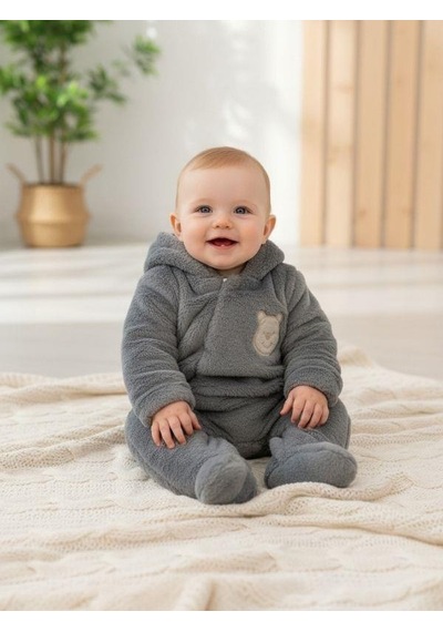 Zekids Bebek Peluş Kapüşonu Kulak Detaylı Tulum-16670 Gri