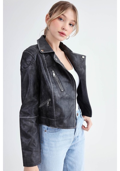 Vitrin Fermuarlı Suni Deri Crop Biker Ceket Siyah