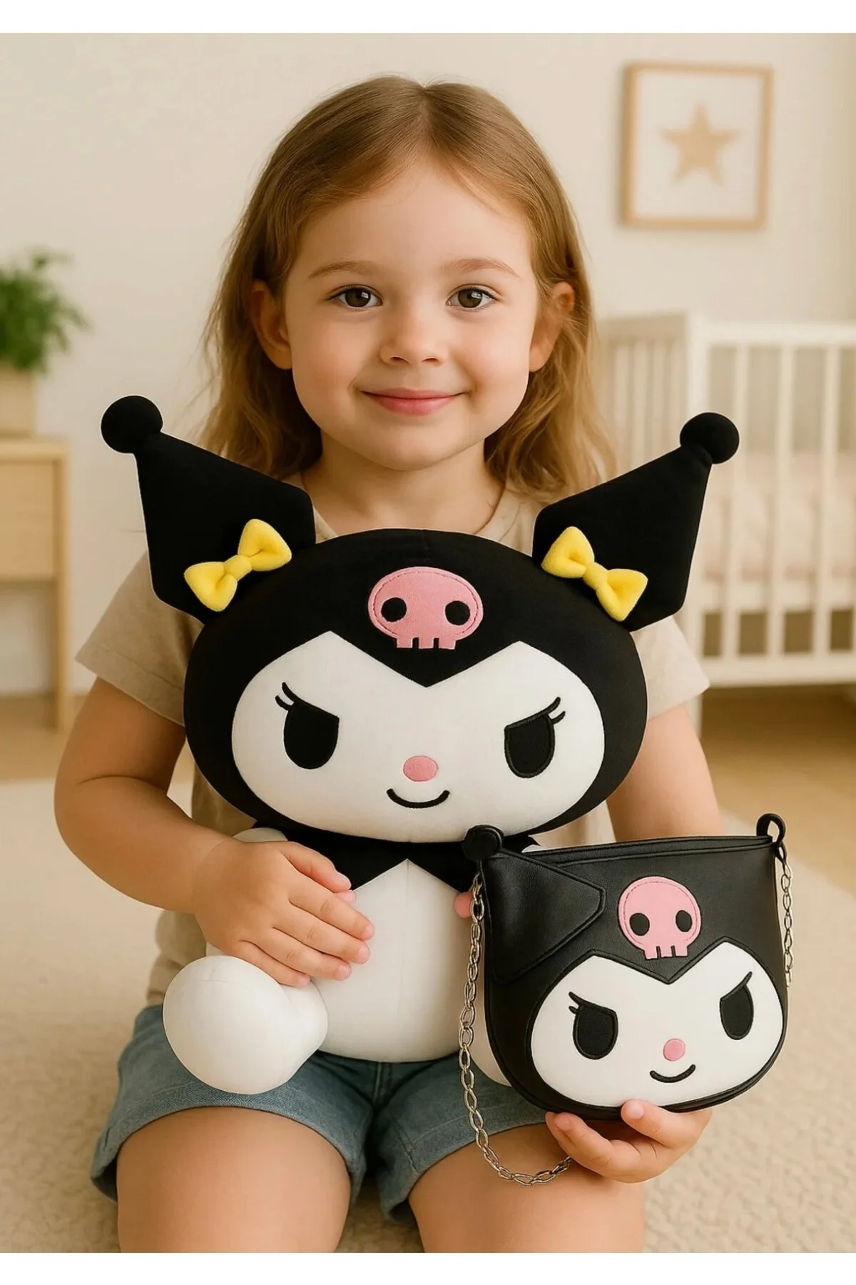 Kuromi Peluş Oyuncak 40cm+ Deri Çanta Hediyelik Set Siyah