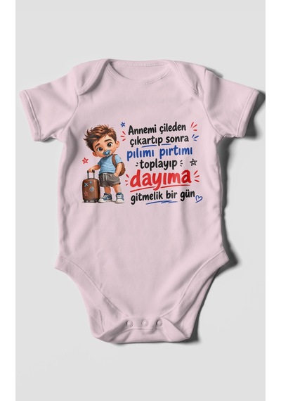 Morivokids Anneye Ve Dayıya Özel Kısa Kollu Bebek Body %100 Pamuk Bebe Pembe