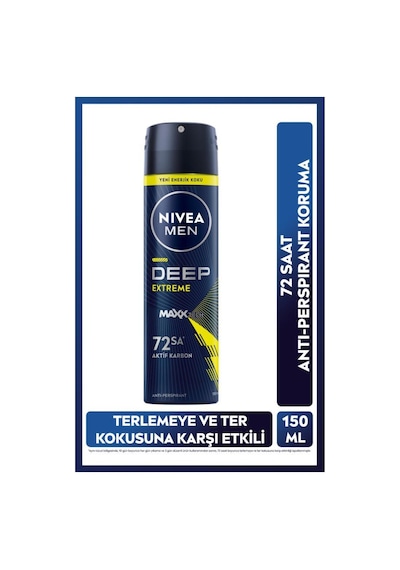 Men Erkek Sprey Deodorant Deep Extreme 150ml, 72 Saat Anti-perspirant Ter Koruma, Yeni Enerjik