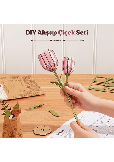 Rowood Tw082 Pembe Lale Çiçek Pink Tulip Dıy Minyatür Maket Model Ahşap 3d Wooden Puzzle Model Kit Ahşap Maket Dekoratif Hobi Seti
