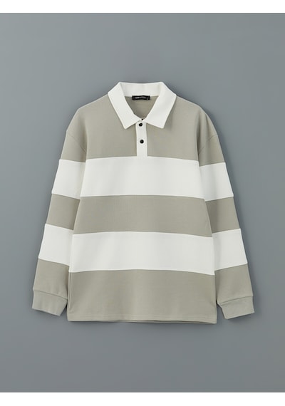Lcw Vision Ekru Polo Yaka Uzun Kollu Çizgili Erkek Sweatshirt