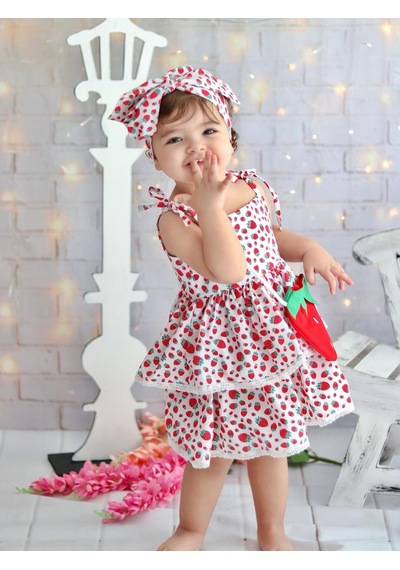 Mnk Baby & Kids Mnk Çantalı Çilek Elbise Kırmızı