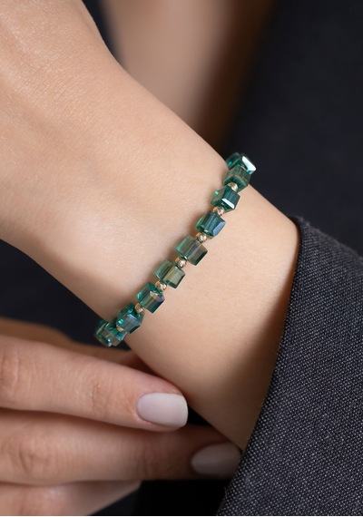 14 Ayar Altın Mint Yeşili Taşlı Dorika İpli Bileklik 5 Mm Sarı Altın