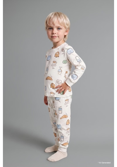 Defacto Baskılı Uzun Kollu Üst Elastik Bel Alt 2li Pijama Takımı Erkek Bebek H6539a526auer233 Ekru-er233