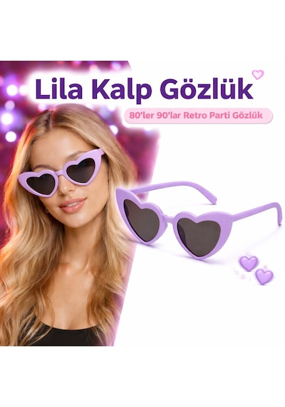 Bezos Mor Lila Retro Kalp Gözlük 80 Ler 90 Lar Stil Parti Gözlüğü