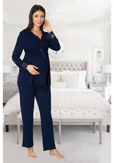Kaktüslohusa Mayss Collections 8092 Lacivert Renk Dantelli Lohusa Pijama Takımı Lacivert