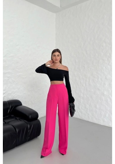 Defymoda Yüksek Bel Pensli Palazzo Pantolon Fuşya