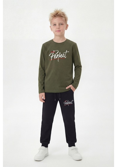 Panios Kids 3'lü Yuvarlak Yaka Sweatshirt Siyah Eşofmanlı Baskı Detaylı 6 Parça Erkek Çocuk Alt Üst Takım Kırmızı - Lacivert