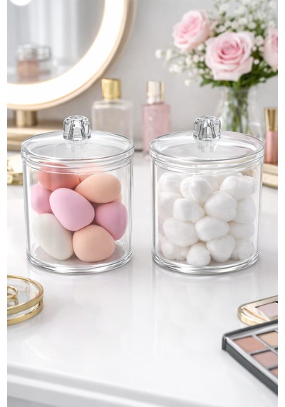 Vivart Şeffaf Pamukluk & Kulak Çubuğu Kabı 2 Li Set Banyo Düzenleyici Organizer Şeffaf