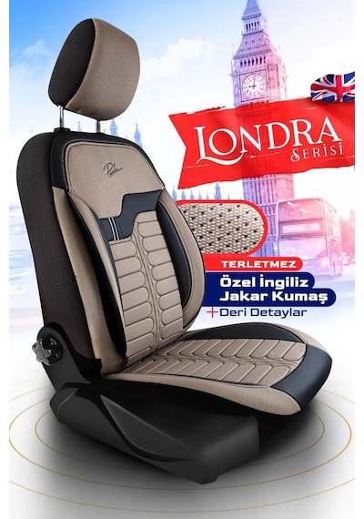 Bej - Siyah Panda Londra Serisi İngiliz Jakar Kumaş Oto Koltuk Kılıfı - Tam Set