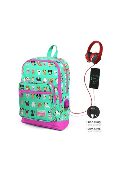 Coral High Okul Çantası Ve Beslenme Çantası Seti - Kız Çocuk Yeşil Pembe Köpek - Usb Soketli