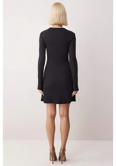 Benerly Kadın V Yaka İspanyol Kol Bodycon Kısa Mini Örme Elbise Fonksiyon Siyah