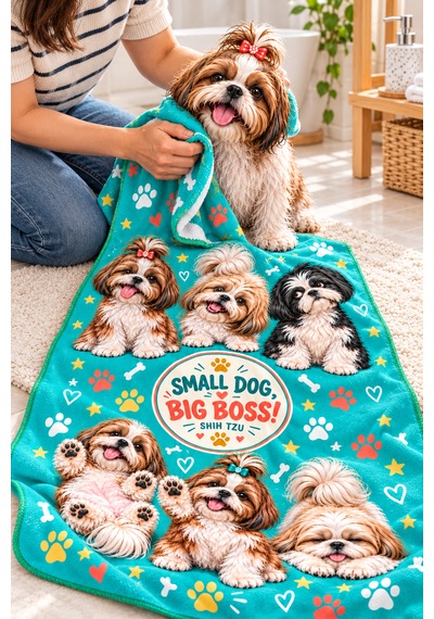 Kedi & Köpek Kurulama Havluları Shih Tzu - Köpek Desenli Büyük Boy Hızlı Kuruyan 60x120cm