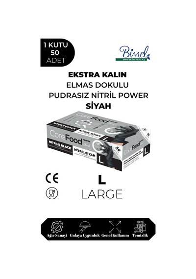 Nitril Siyah Power Muayene Eldiveni L - 1 Paket 50'li