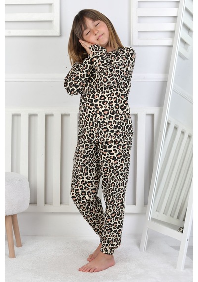 Minik Uyku Avcısı - Vahşi Rahatlık Serisi Leopar Desenli Kız Çocuk Pijama Takımı Sarı