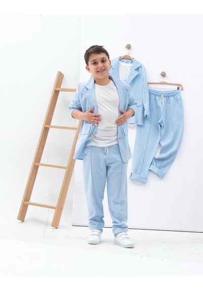 Zelhanjunior Erkek Çocuk Keten Takım Elbise 3 Parça Açık Mavi