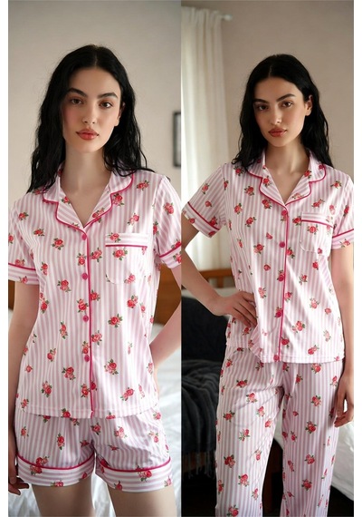 Mh Moony Homewears Kısa Kol Rose Whisper 3'lü Yumuşacık Pijama Çok Renkli
