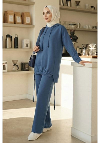 Bestenur Kapüşonlu Tunik Pantolon Takım 1682 - İndigo İndigo