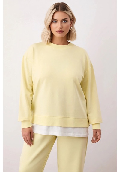 Benerly Kadın Bisiklet Yaka Düşük Kol Oversize İnce Örme Sweatshirt Fonks Sarı