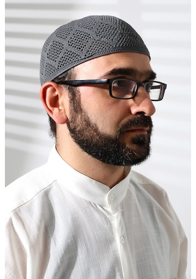 Makine Örgüsü Dantel Detaylı Namaz Takkesi Füme Füme